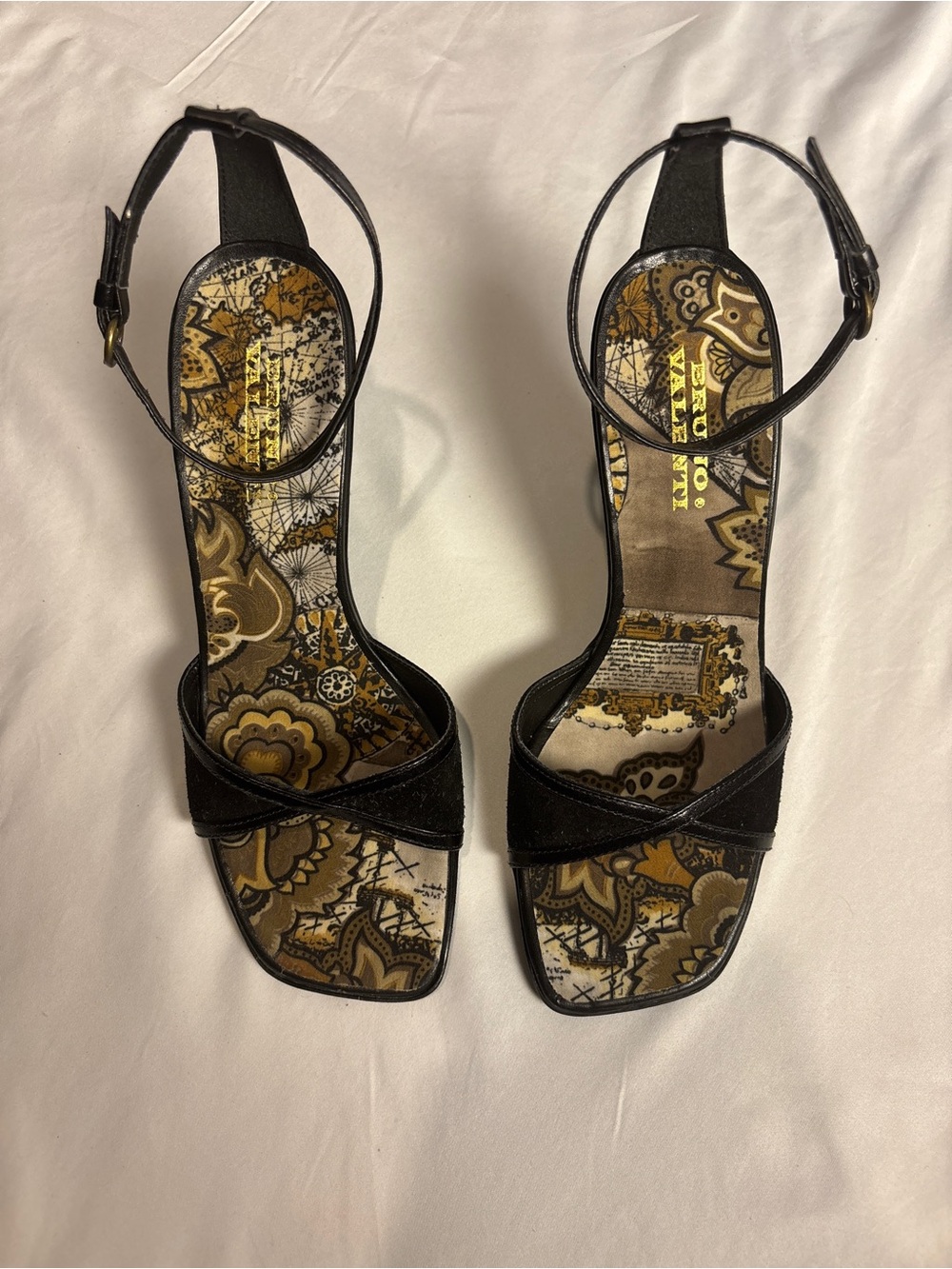 Bruno Valenti Women's Black Ankle-Strap Sandals with Paisley Insole